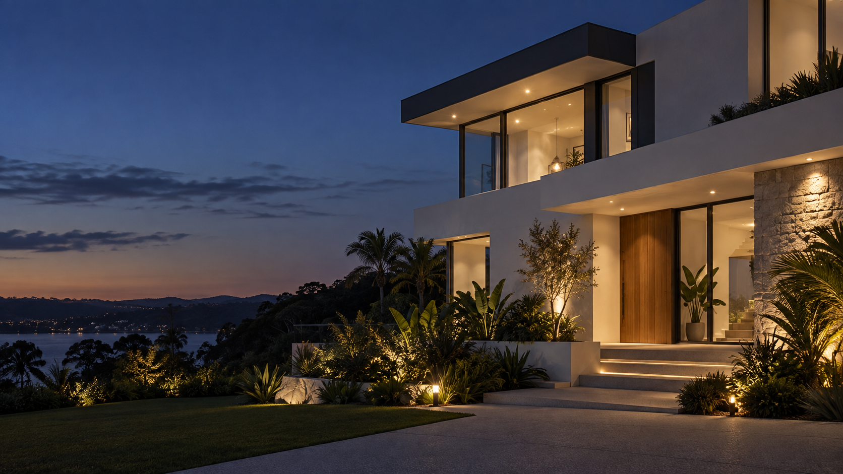 Contemporary home with warm exterior lighting — illustrative architectural image